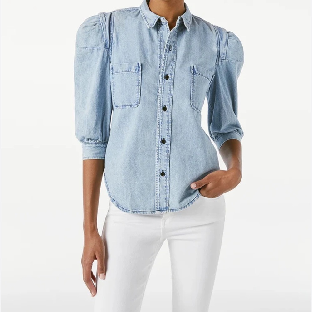 Frame Denim Rosette Light Blue Puff 3/4 Sleeve Denim Shirt